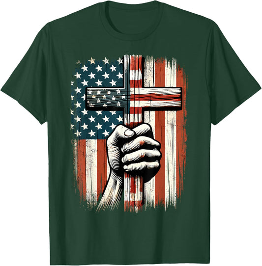 American USA Flag Christian Cross Jesus 4th of July T-Shirt - T-Shirt | Forest