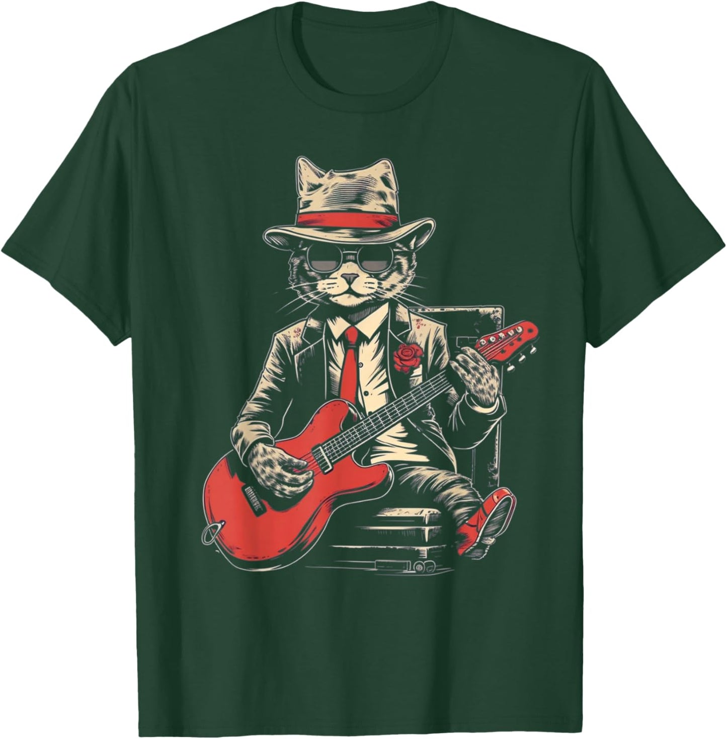 Vintage Jazz Cat Playing Guitar Band Retro Jazz Band T-Shirt - T-Shirt | Forest