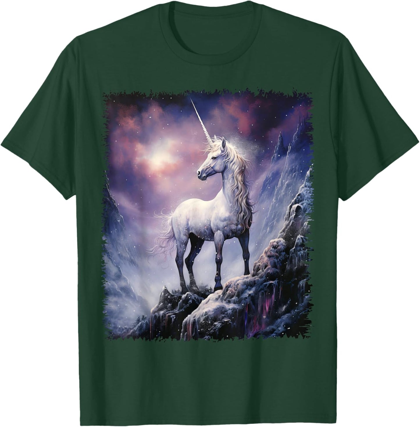 Fantasy white Unicorn standing on the snowy hill T-Shirt - T-Shirt | Forest