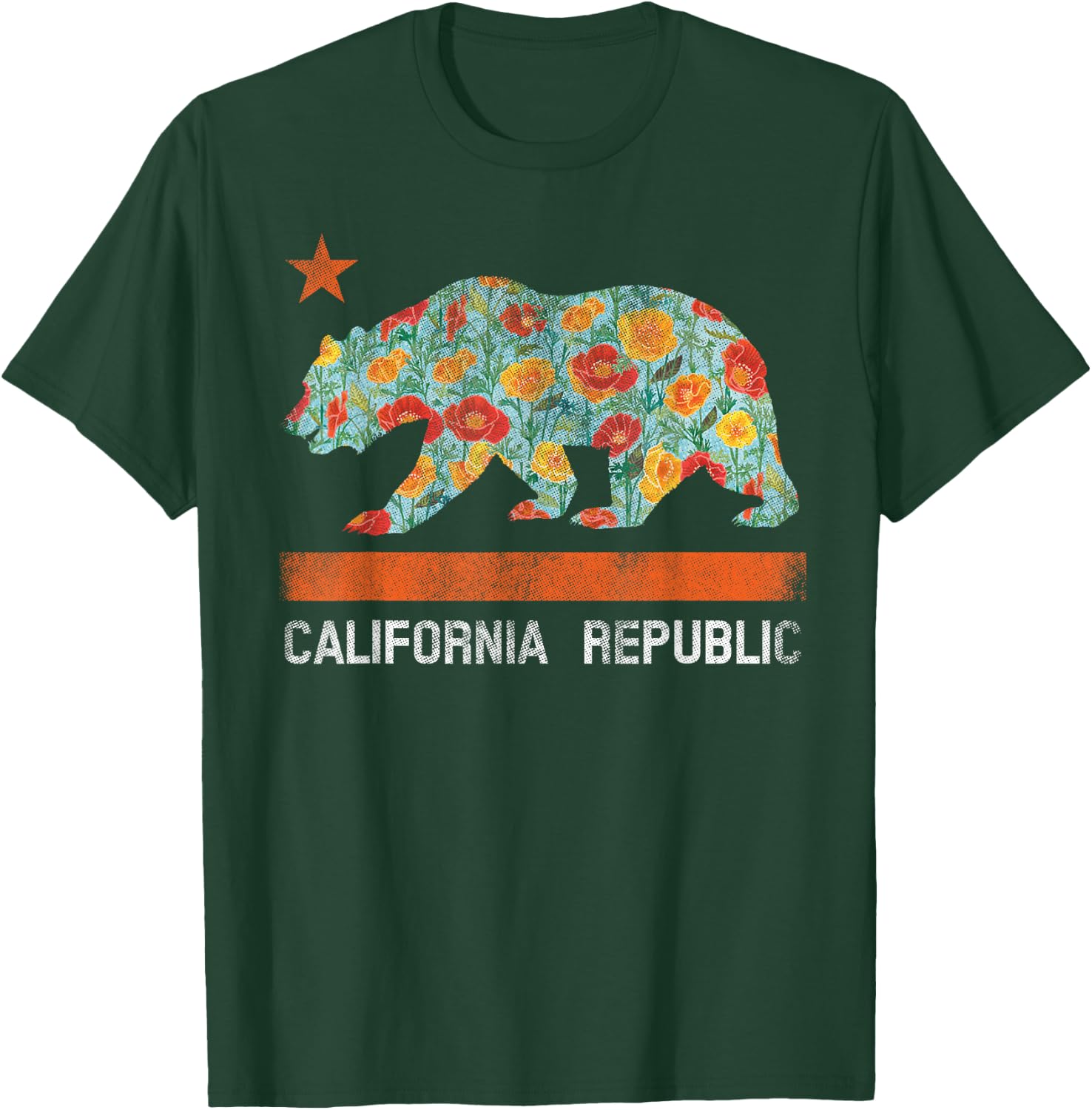 California Republic State Bear Star Poppy Flower LA Cali T-Shirt - T-Shirt | Forest