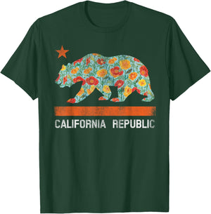 California Republic State Bear Star Poppy Flower LA Cali T-Shirt - T-Shirt | Forest