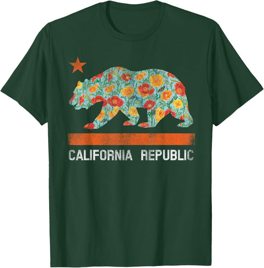 California Republic State Bear Star Poppy Flower LA Cali T-Shirt - T-Shirt | Forest