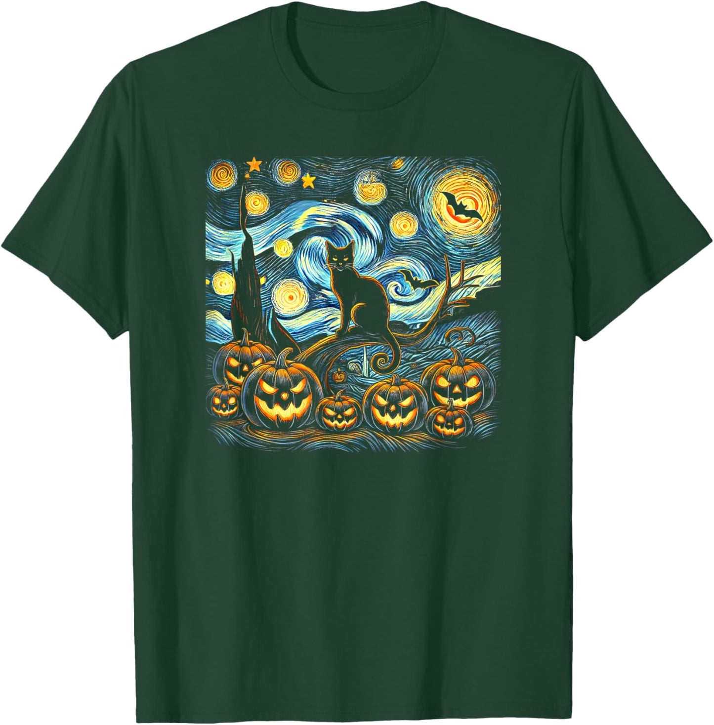 Halloween Van Gogh Starry Night Pumpkin Black Cat Costume T-Shirt - T-Shirt | Forest