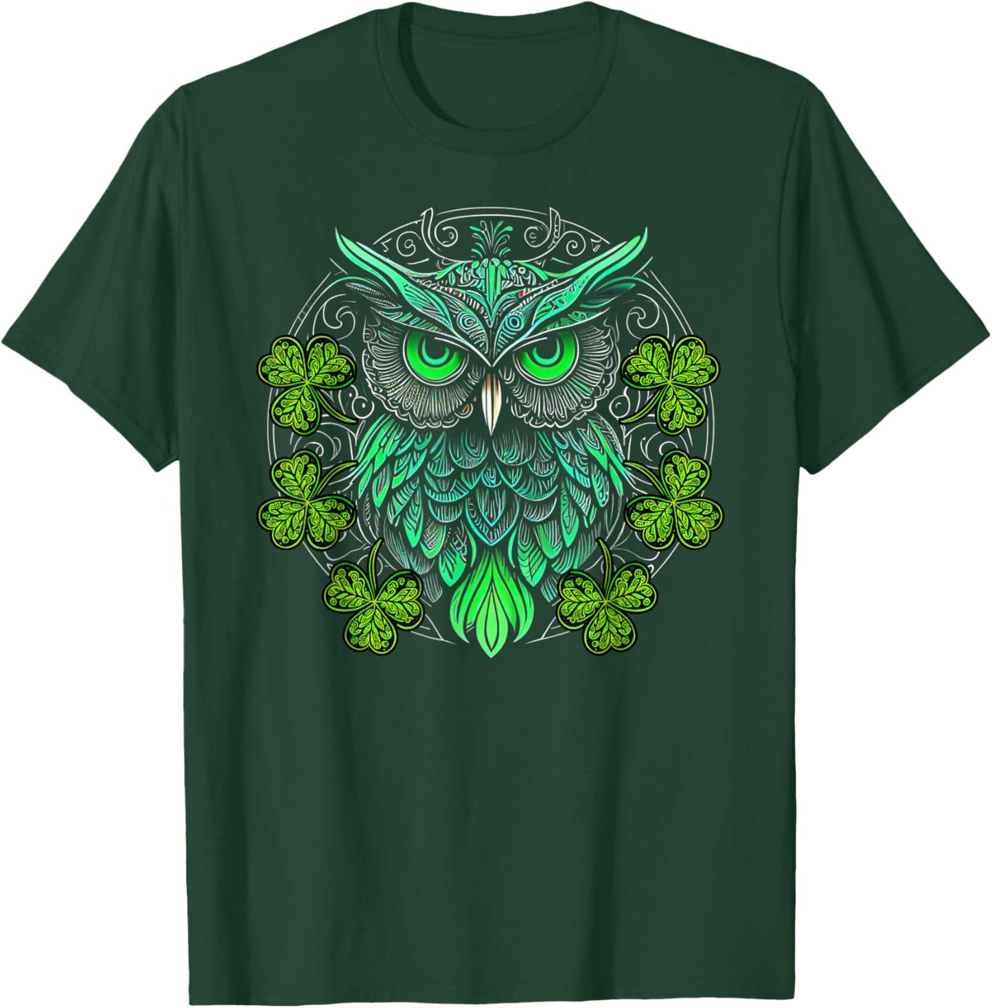 Cute Owl Bird Mandala Irish Shamrock Clover St Patricks T-Shirt - T-Shirt | Forest