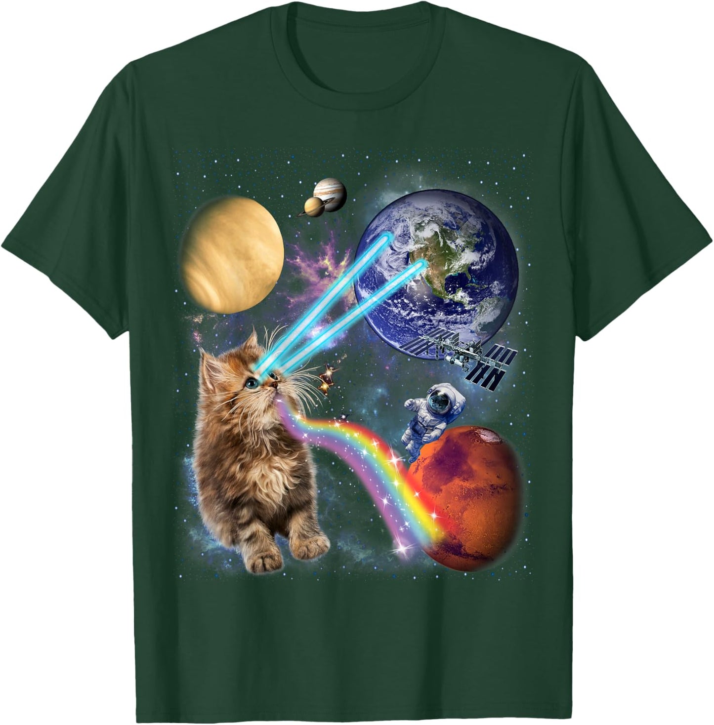 Fluffy Cat with Galactic Rainbow Beams Women Kids T-Shirt - T-Shirt | Forest