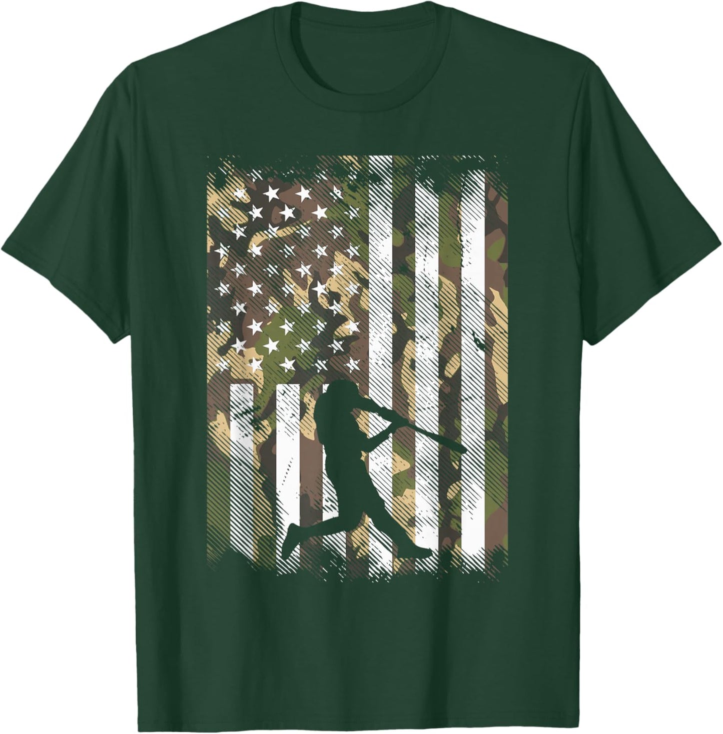 Camo Flag Baseball Player Vintage Patriotic Men Women Kids T-Shirt - T-Shirt | Forest