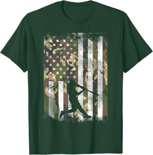Camo Flag Baseball Player Vintage Patriotic Men Women Kids T-Shirt - T-Shirt | Forest