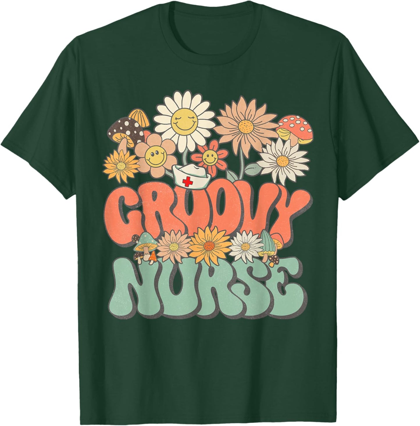 Retro Groovy Nurse Floral Hippie Daisy Flower Matching Nurse T-Shirt - T-Shirt | Forest