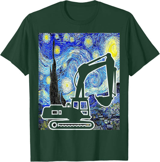 Excavator Starry Night Construction Vehicle Painting T-Shirt - T-Shirt | Forest