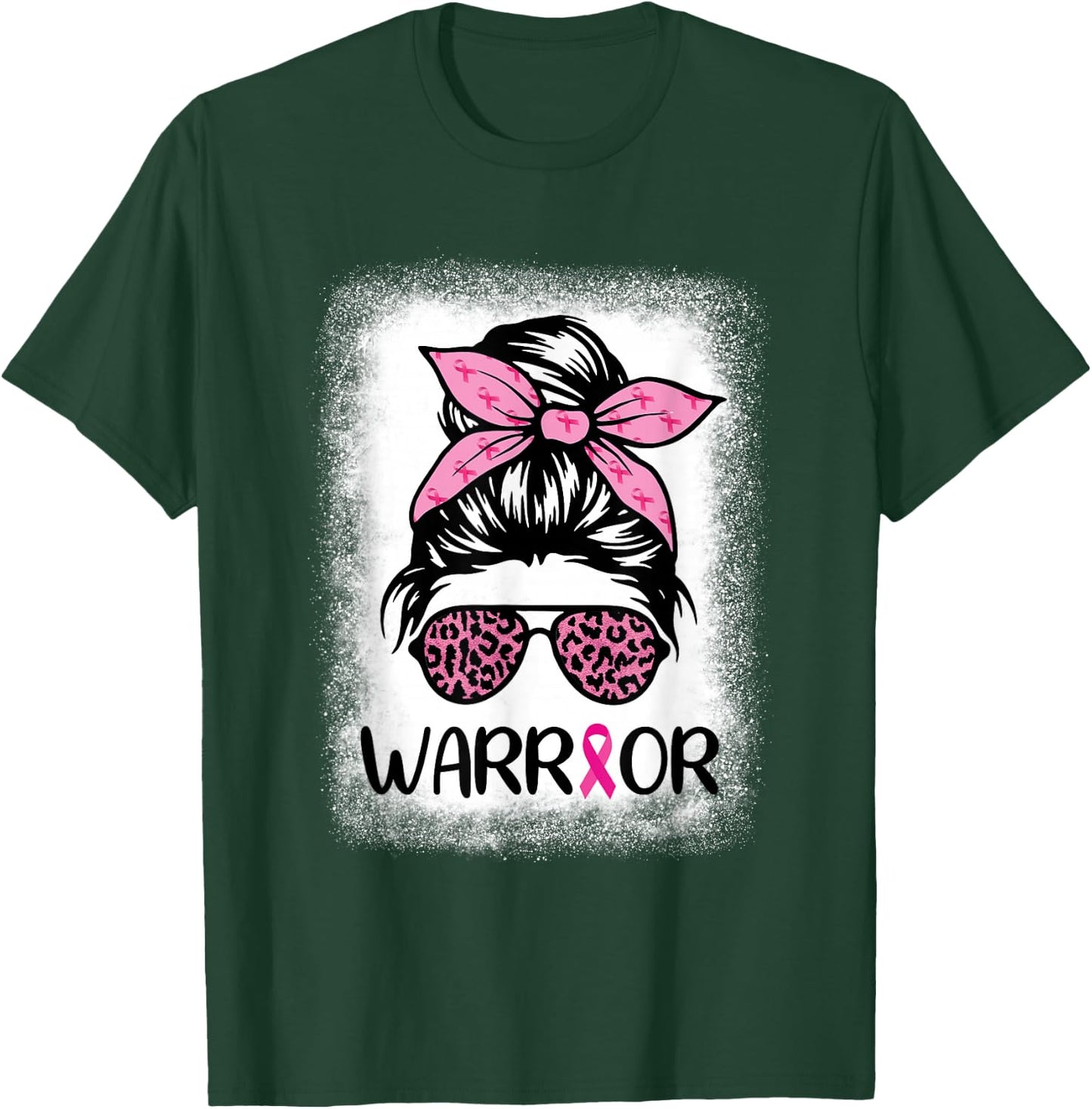 Warrior Breast Cancer Women Messy Bun Bleached Leopard T-Shirt - T-Shirt | Forest