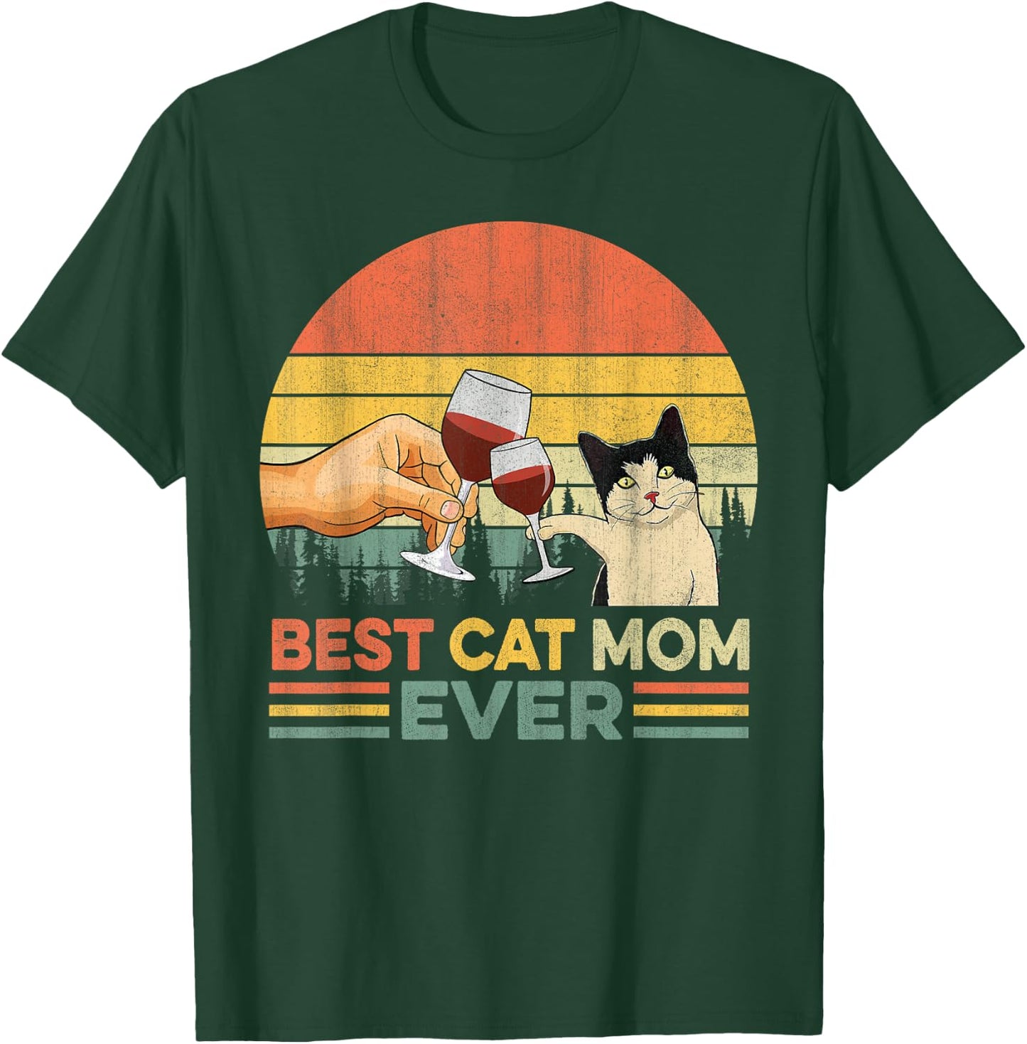 Vintage Best Cat Mom Ever Wine Drinking Women T-Shirt - T-Shirt | Forest
