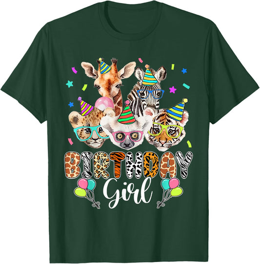 Happy Birthday Girl Zoo Animals Wildlife Girls Kids Cute T-Shirt - T-Shirt | Forest