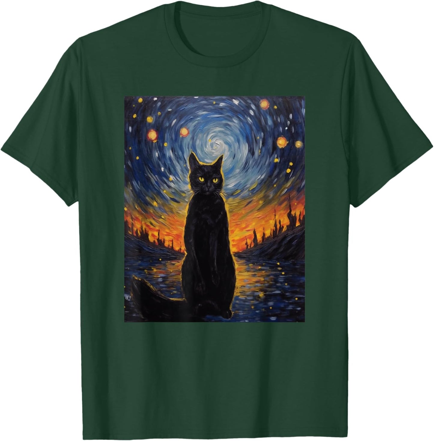 black cat Painting art Starry Night kitty kitten Van Gogh T-Shirt - T-Shirt | Forest