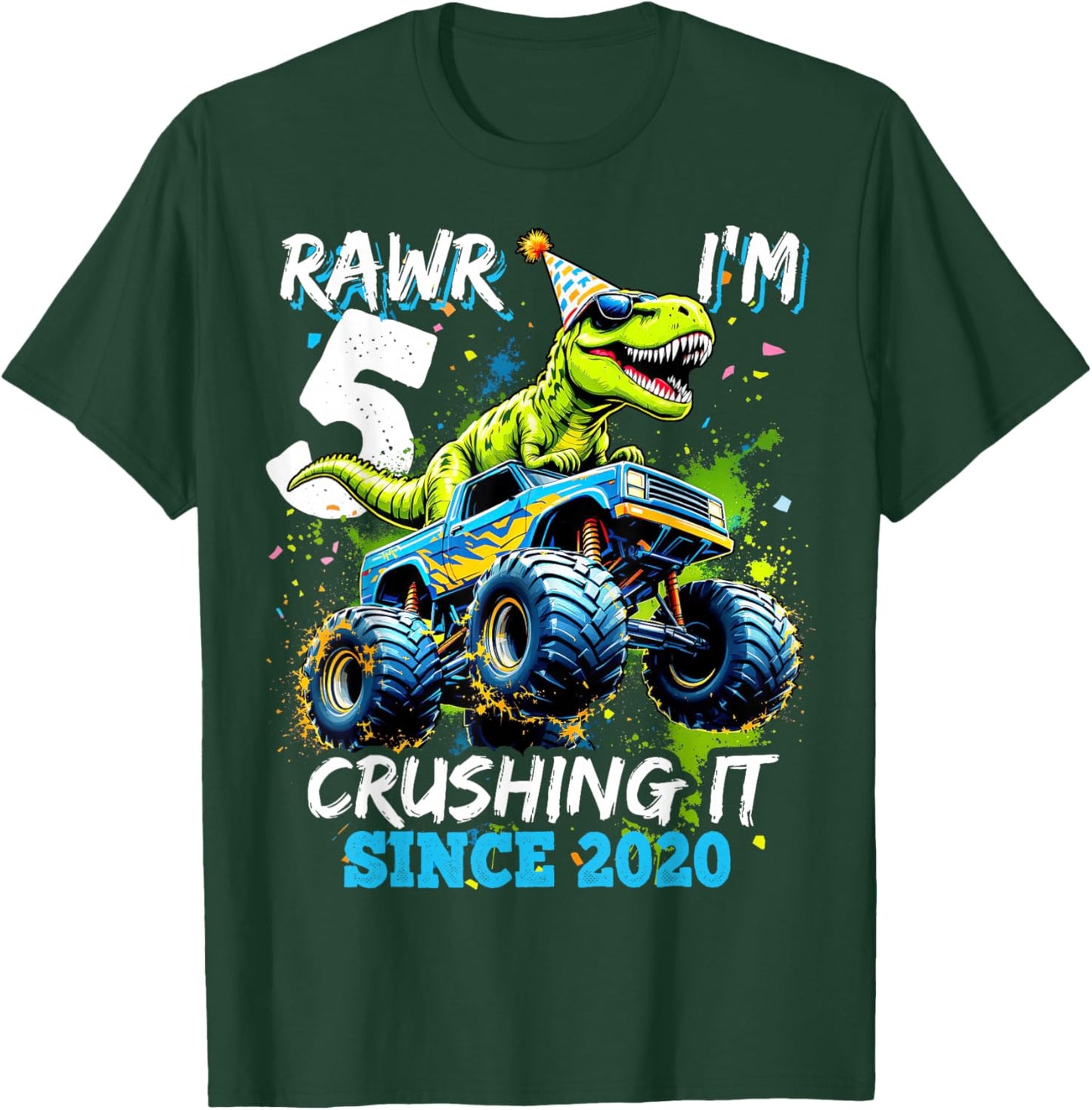 5th Birthday Monster Truck Dinosaur Party Boys Rawr I'm 5 T-Shirt - T-Shirt | Forest