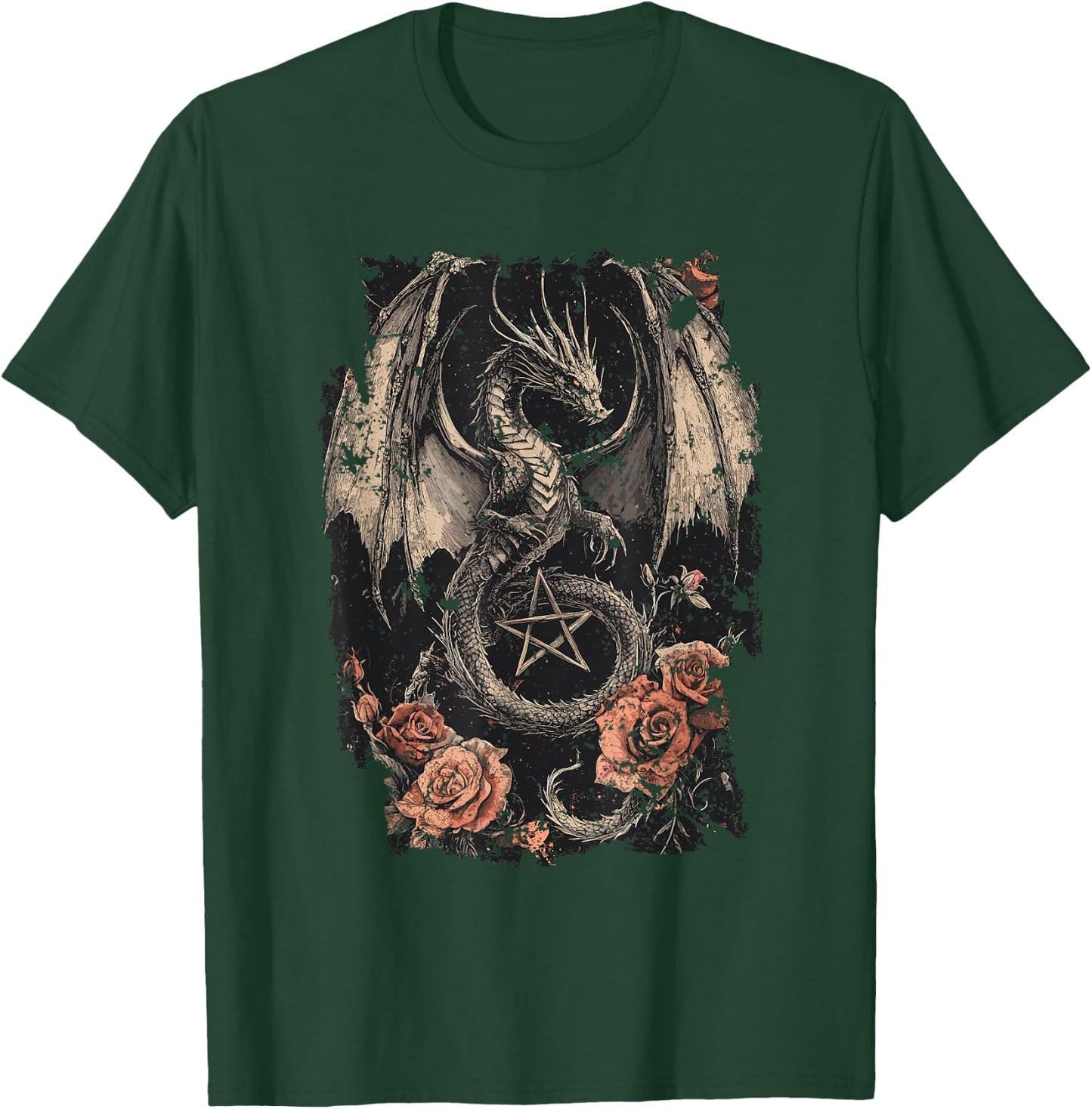 Dragon with Pentagram and Roses - Gothic Dragon T-Shirt - T-Shirt | Forest