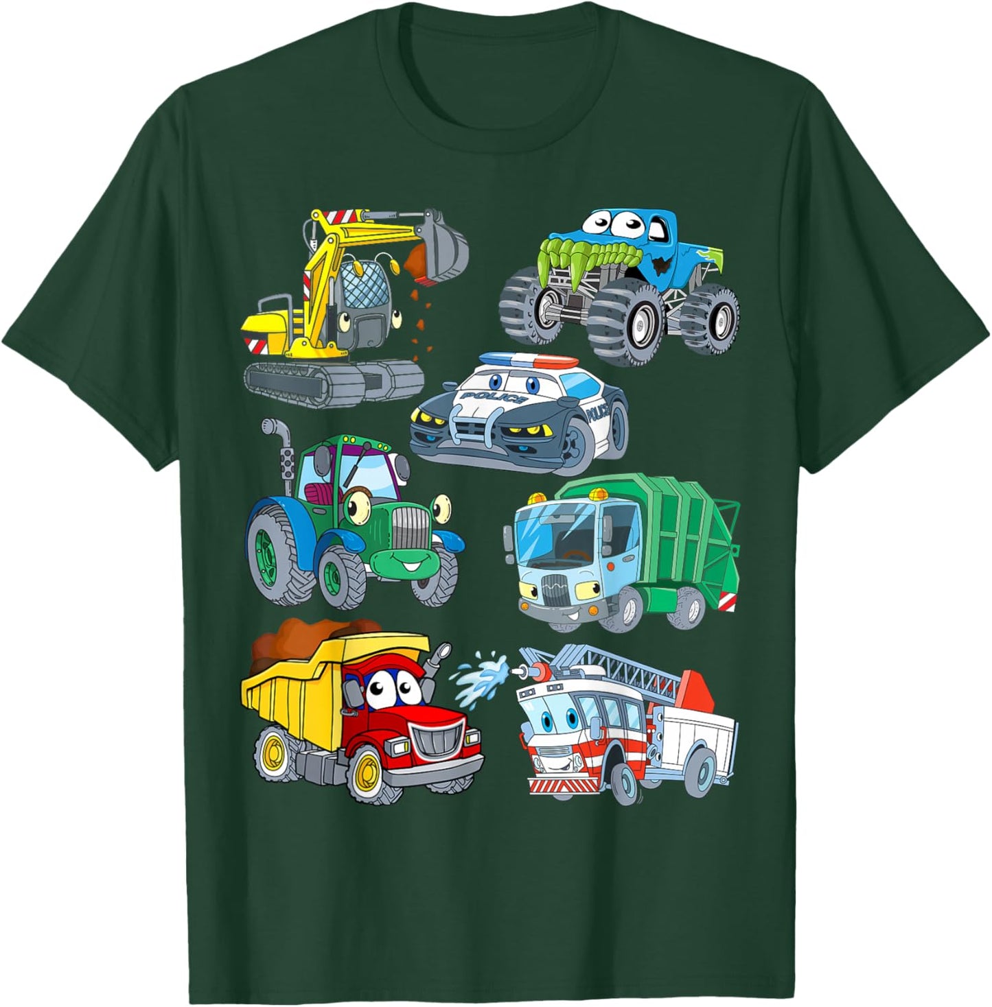 Excavator Fire Engine Police Car Monster Truck for Boys T-Shirt - T-Shirt | Forest