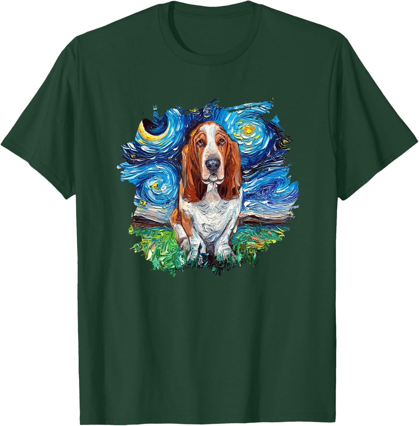 Basset Hound Starry Night Impressionist Dog Art by Aja T-Shirt - T-Shirt | Forest