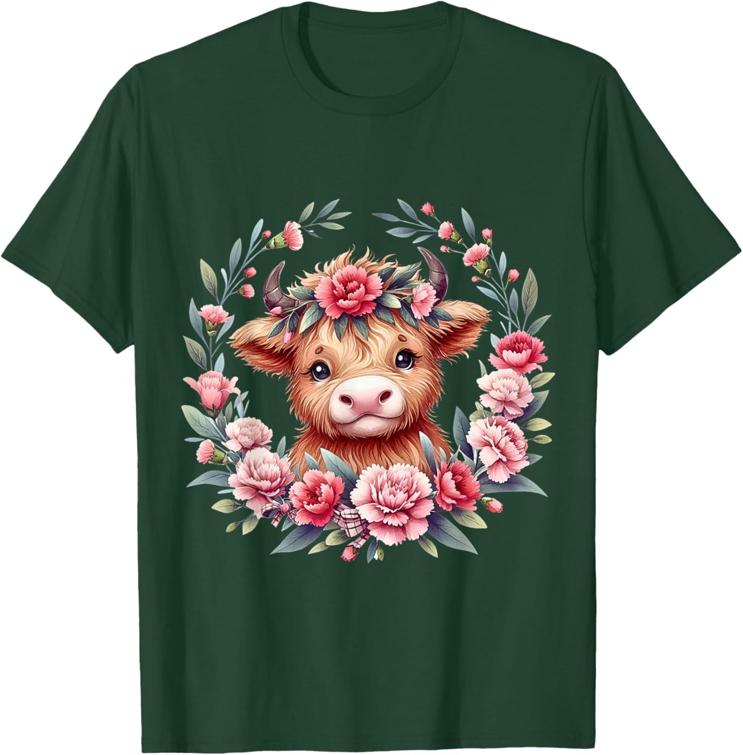 Cute Baby Highland Cow With Carnation Flower Scottish Farm T-Shirt - T-Shirt | Forest