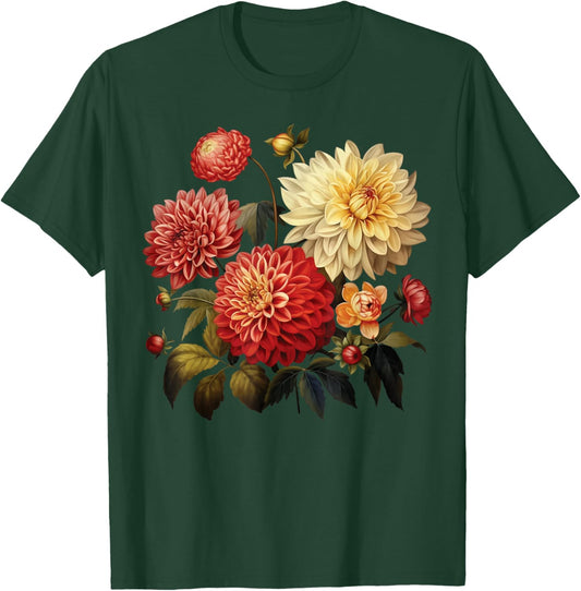 Vintage Graphic Floral Wildflower Dahlia - Women's Black Cotton 100% Short Sleeve - Small T-Shirt - T-Shirt | Forest