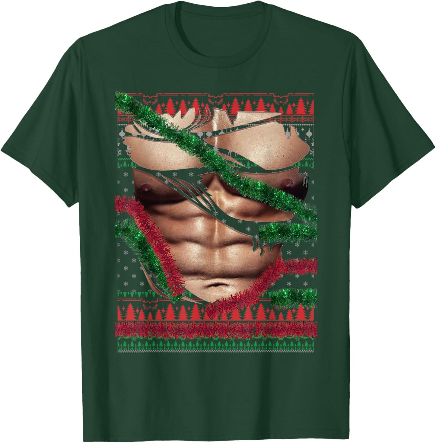 Christmas Fake Muscles Ripped Torn Chest Six Pack Abs Ugly T-Shirt - T-Shirt | Forest