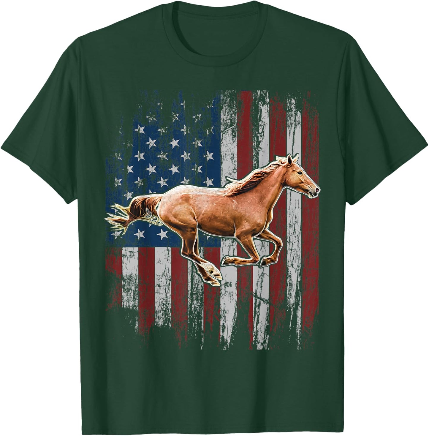 Patriotic Horse American Flag Horseback Riding Farm Gift T-Shirt - T-Shirt | Forest