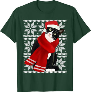Ugly Christmas Black Cat Santa Hat Scarf Holiday Cute Men Women Kids T-Shirt - T-Shirt | Forest