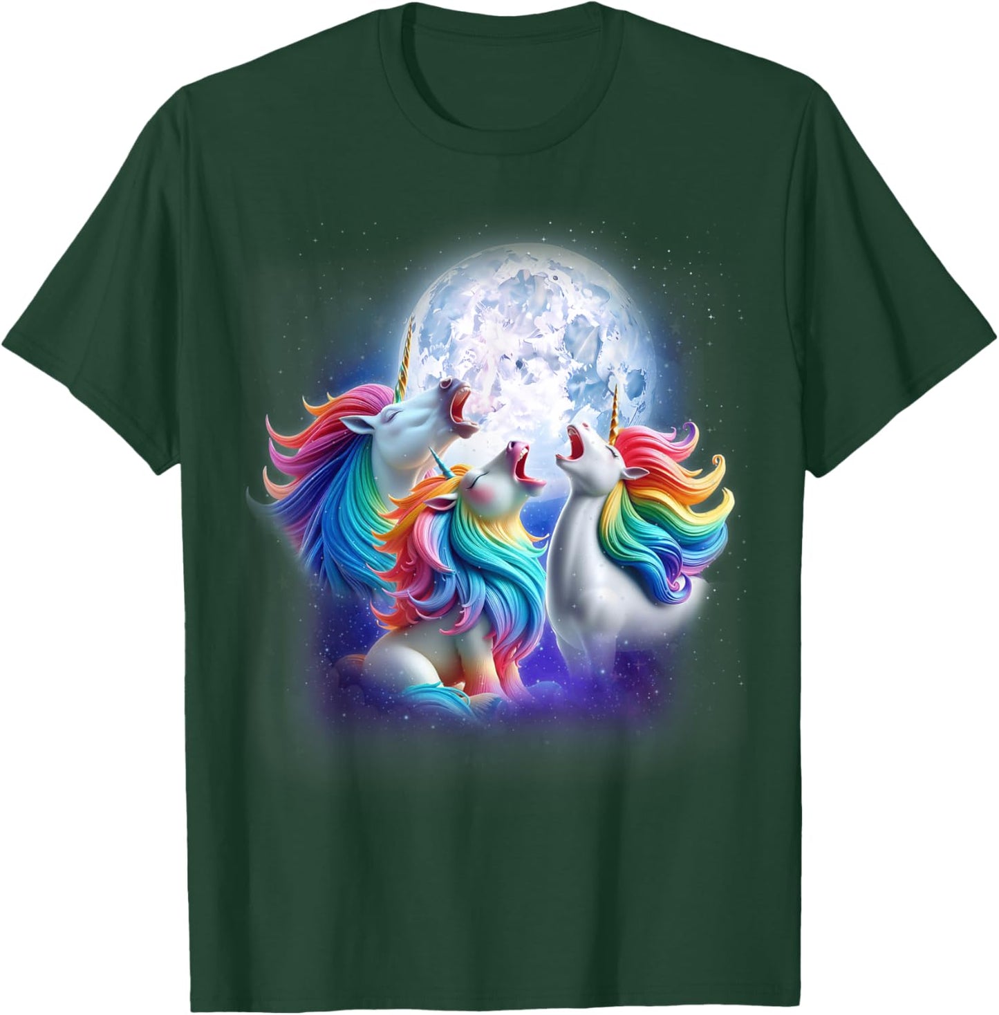 3 Unicorns Howling At The Moon Funny Mythical Unicorn Lover T-Shirt - T-Shirt | Forest