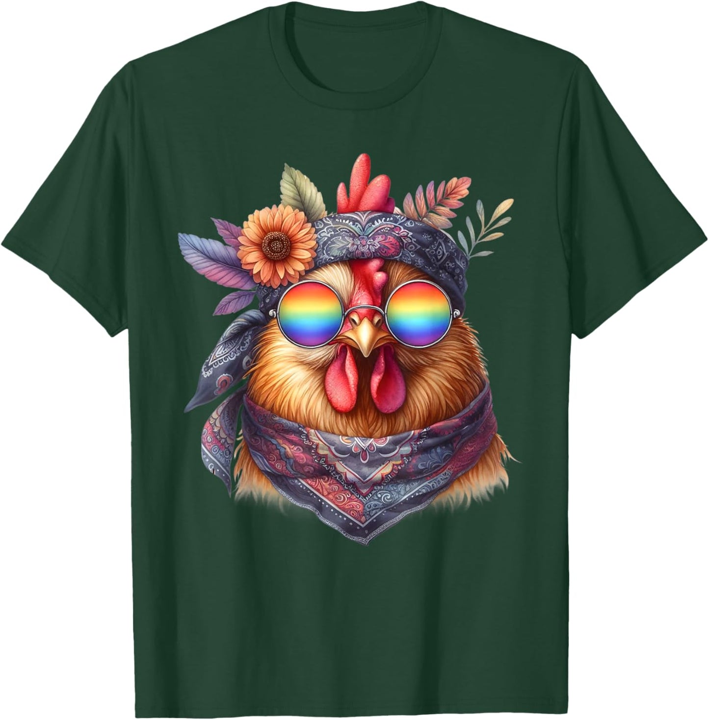 Cute Hippie Chicken with Glasses and Bandana T-Shirt - T-Shirt | Forest