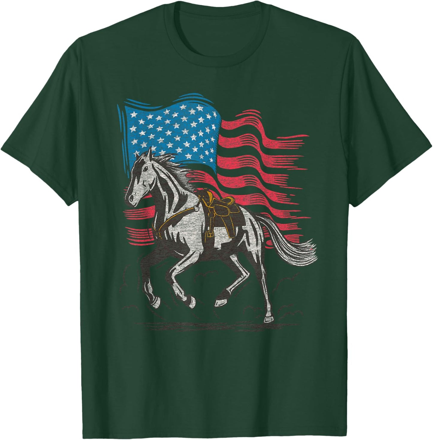 Cartba Horse Co. Horse Lover Equestrian American Flag Vintage Graphic T-Shirt - T-Shirt | Forest