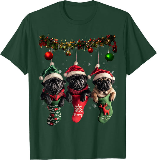Black Pug Christmas Lights Funny Xmas Dog Lover T-Shirt - T-Shirt | Forest