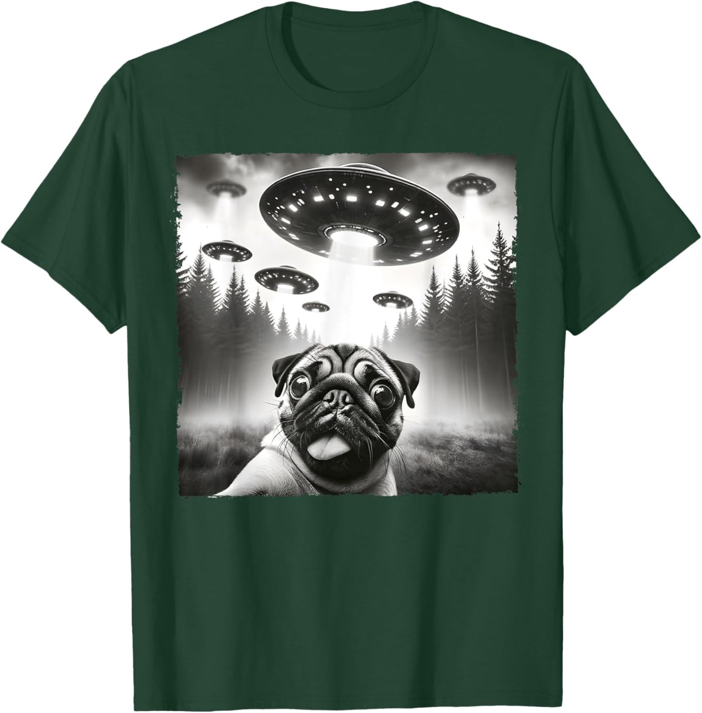 Funny Meme Pug UFO Retro Alien Pug Dog UFO Selfie Invasion T-Shirt - T-Shirt | Forest