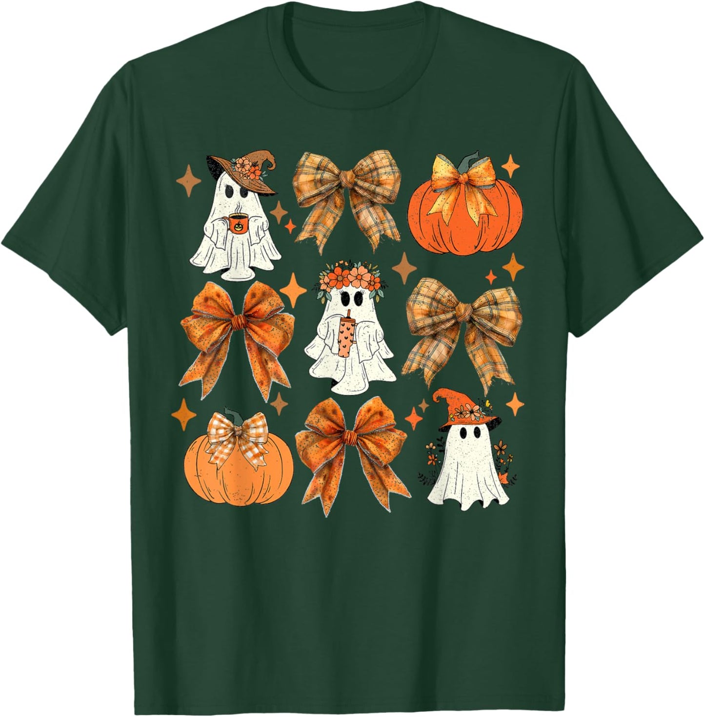 Funny Halloween Fall Coquette Bow Pumpkin Cute Ghost Costume T-Shirt - T-Shirt | Forest
