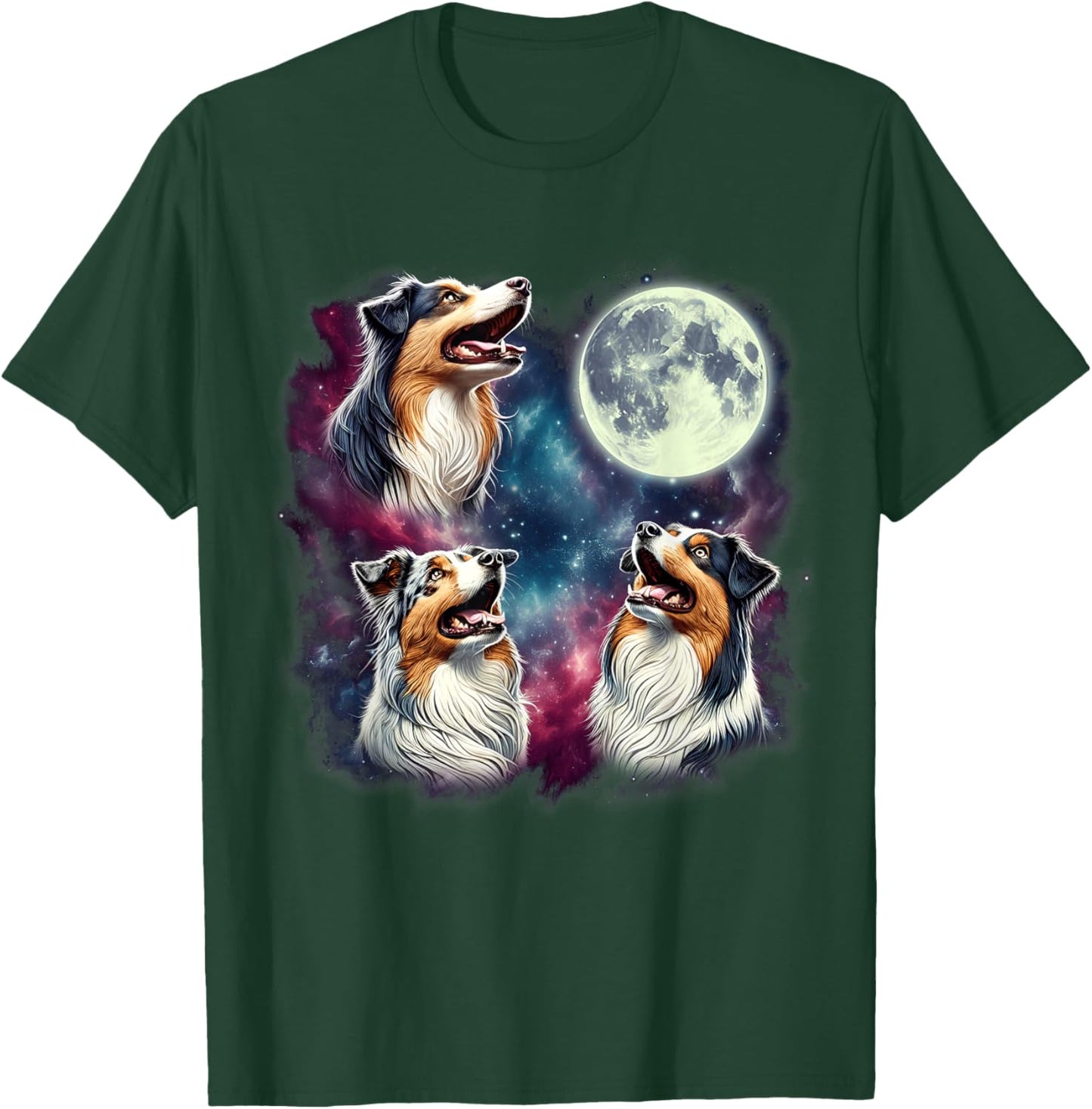 Three Australian Shepherds Howling at Moon Funny Weird Meme T-Shirt - T-Shirt | Forest