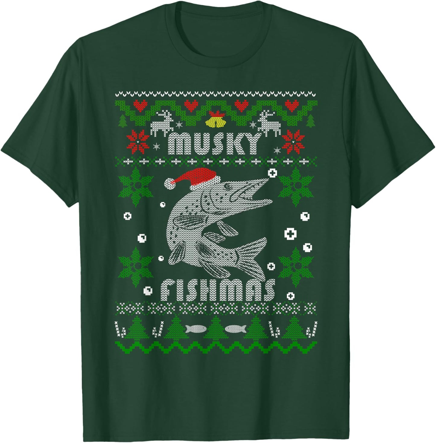 Muskie Angler Fishmas Musky Fishing Gifts Ugly Christmas T-Shirt - T-Shirt | Forest