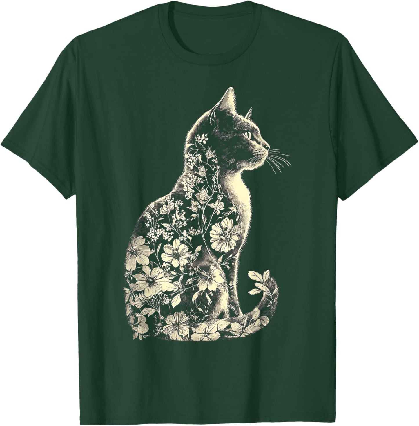 Chat Fleurs Abstrait Illustration Motif Animal Print Art Chat T-Shirt - T-Shirt | Forest
