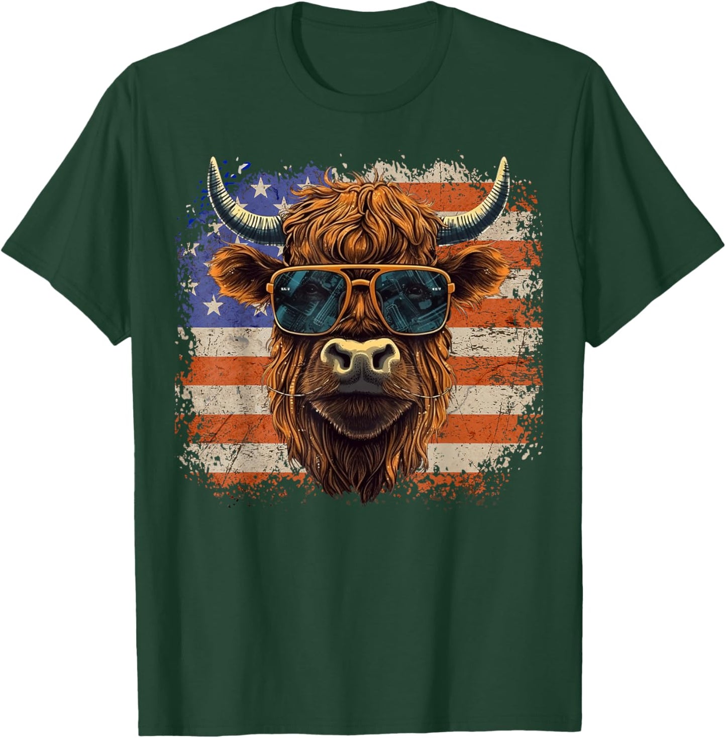 American Flag, Highland Cow-Fourth of July, Cow Lover Cool T-Shirt - T-Shirt | Forest