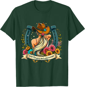 Retro Southern Sunset Cowgirl Wild Flowers - Wild Horses T-Shirt - T-Shirt | Forest