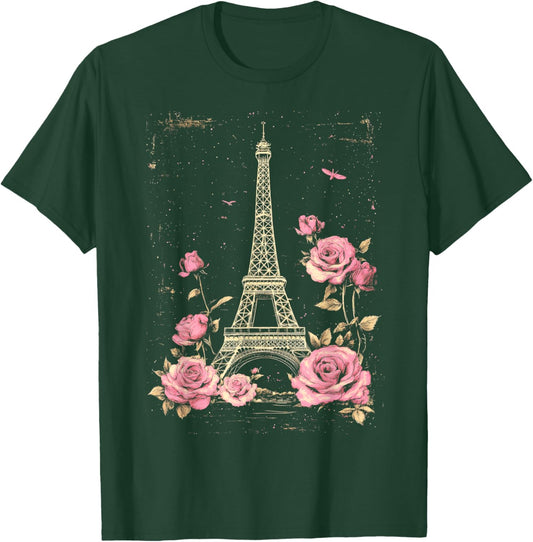 Vintage Paris Eiffel Tower Witn Pink Roses Floral T-Shirt - T-Shirt | Forest