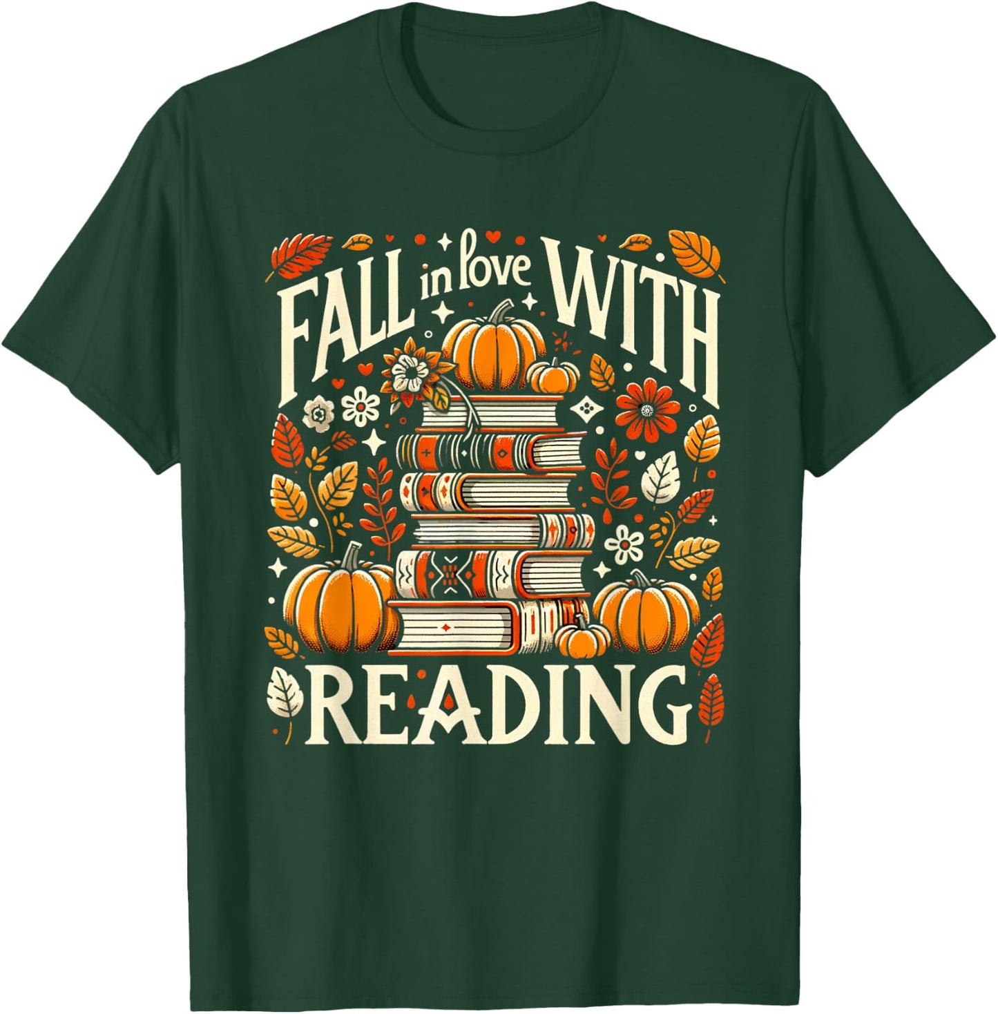 Fall In Love With Reading Book Autumn Pumpkins And Teachers T-Shirt - T-Shirt | Forest