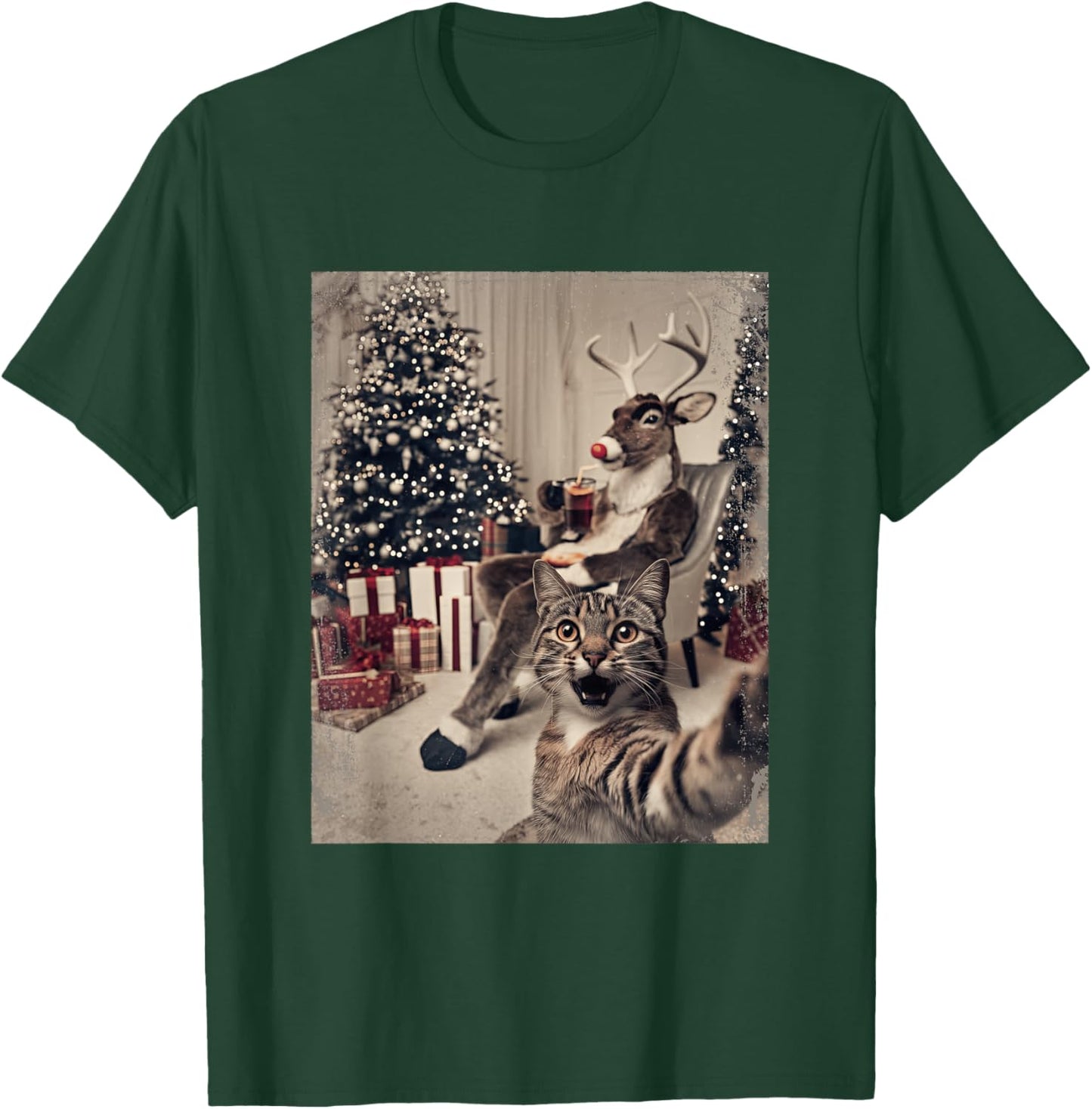 Funny Xmas Cat Selfie Reindeer Ugly Sweater Christmas Outfit T-Shirt - T-Shirt | Forest