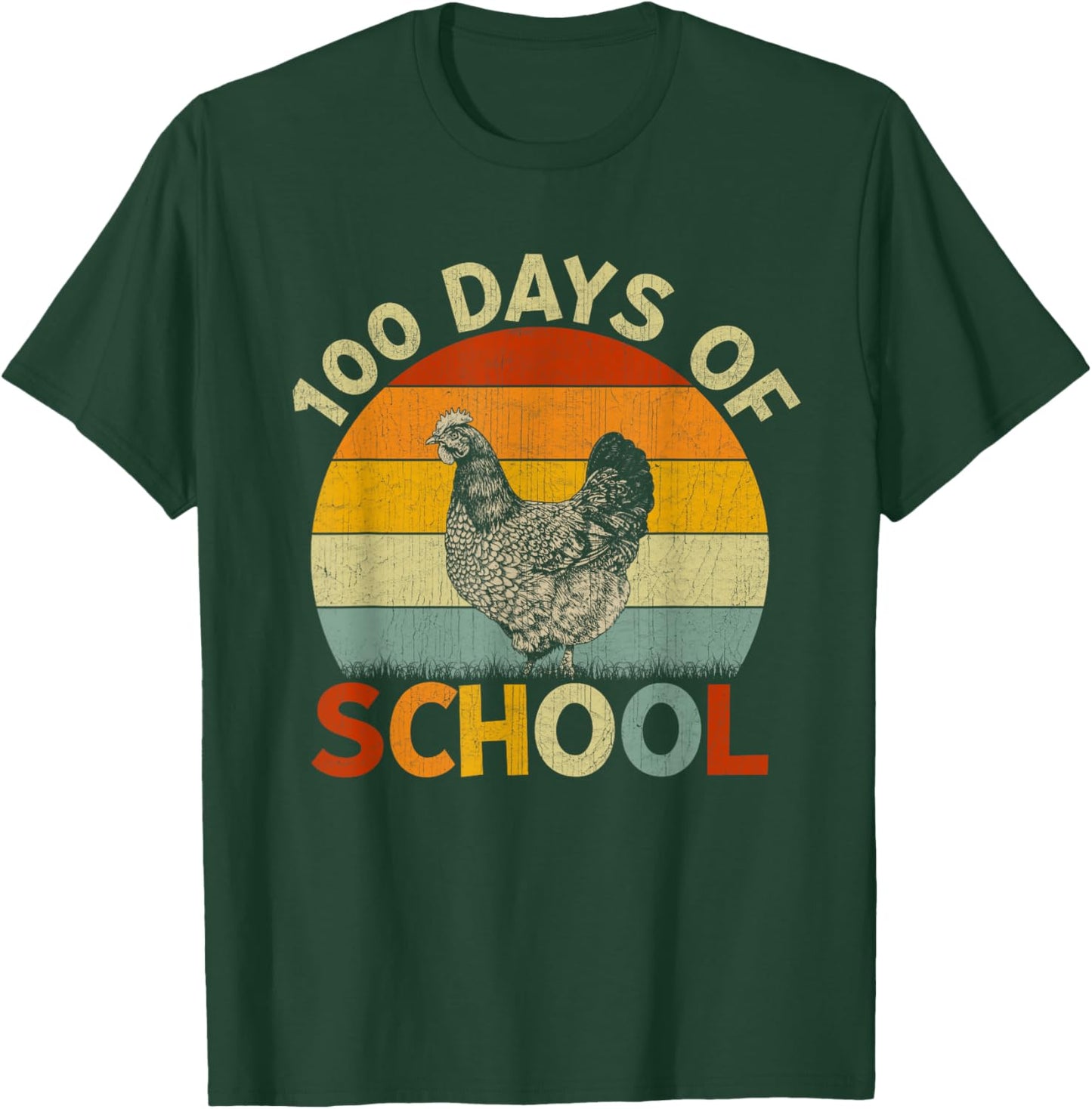 Chicken Retro Boys Girls Teachers 100th Day of School T-Shirt - T-Shirt | Forest