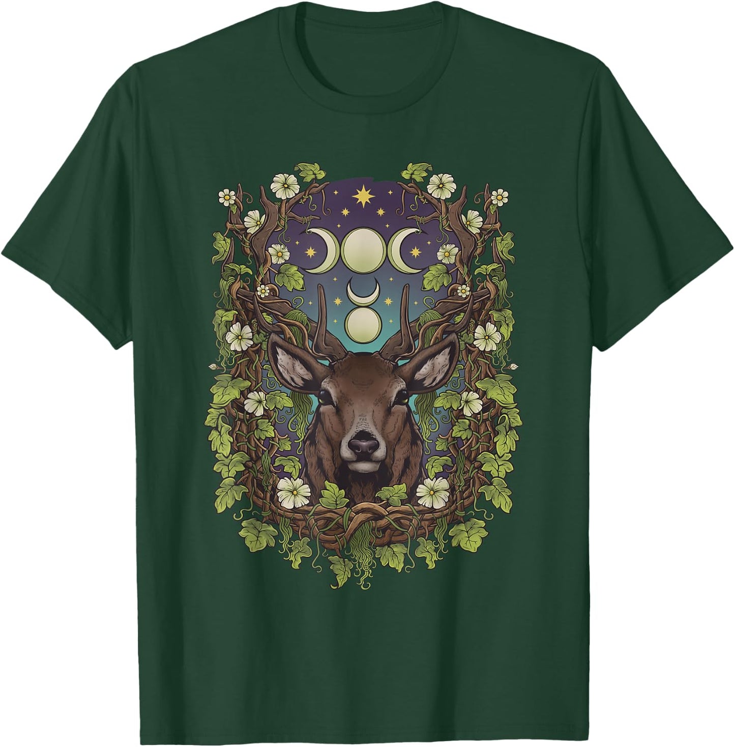 Art Nouveau Cernunnos Stag Bohemian Nature Moon Phases Wicca T-Shirt - T-Shirt | Forest