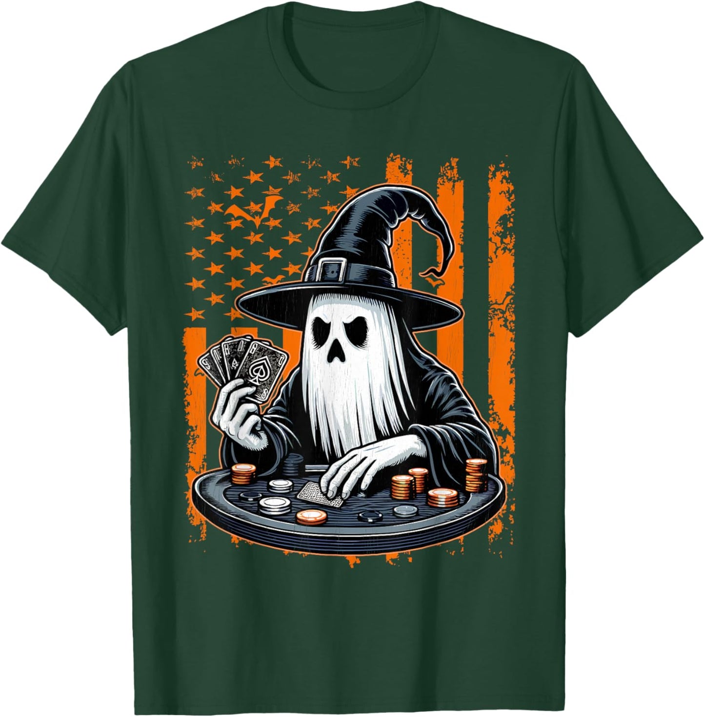 Poker Ghost Halloween Scary Costume Poker Player USA Flag T-Shirt - T-Shirt | Forest