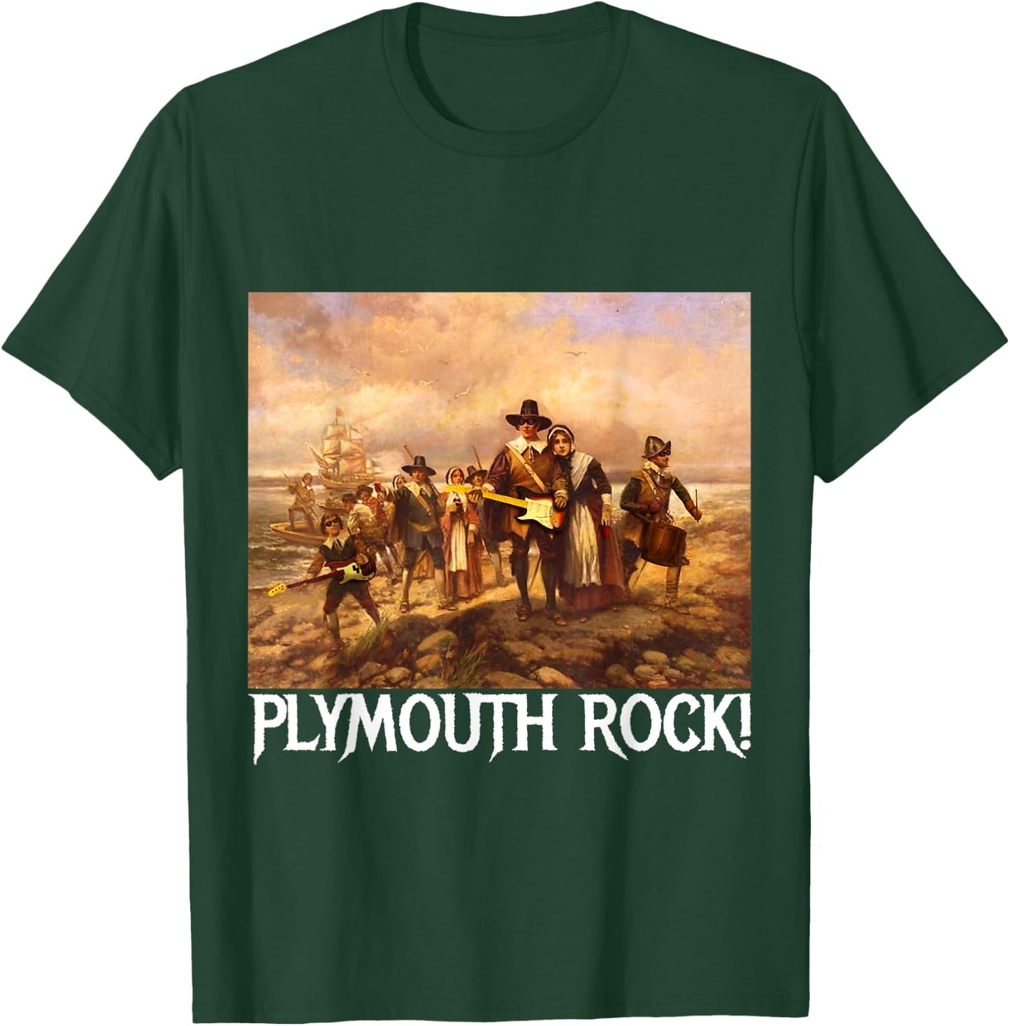 Plymouth Rock! Thanksgiving Pilgrims Rocking Guitars & Drum T-Shirt - T-Shirt | Forest