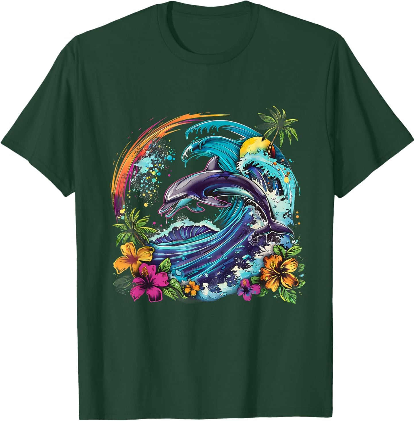 Sea Ocean Dolphin Motif Artwork Floral Sea Ocean Animal T-Shirt - T-Shirt | Forest