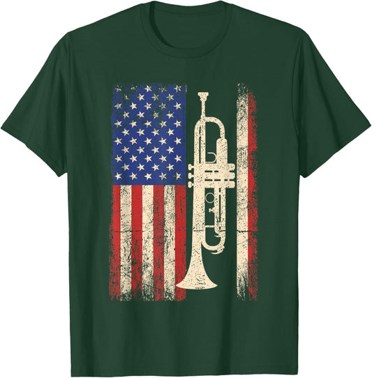 Trumpet USA American Flag Shirt Jazz Music Vintage Men T-Shirt - T-Shirt | Forest