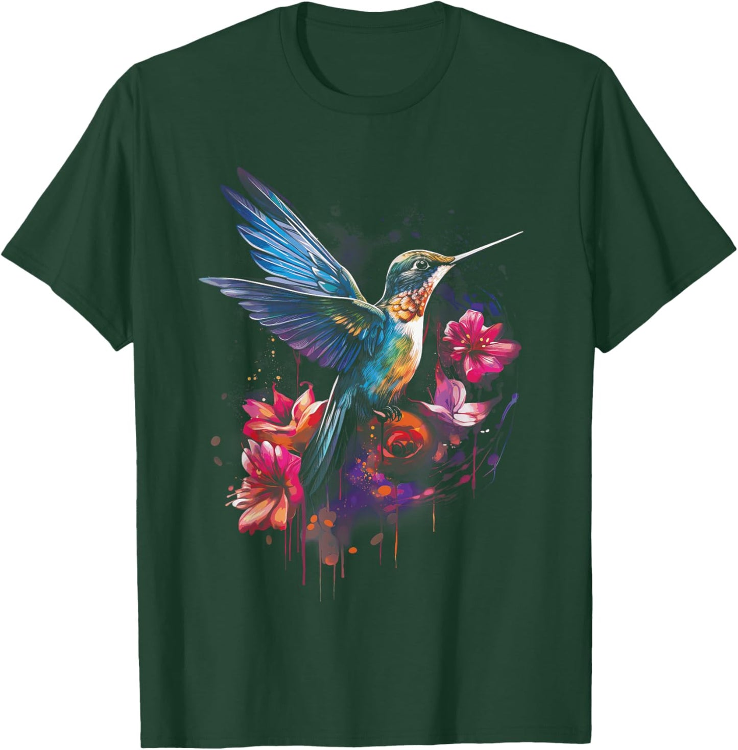 Hummingbird Floral Bird Artwork T-Shirt - T-Shirt | Forest