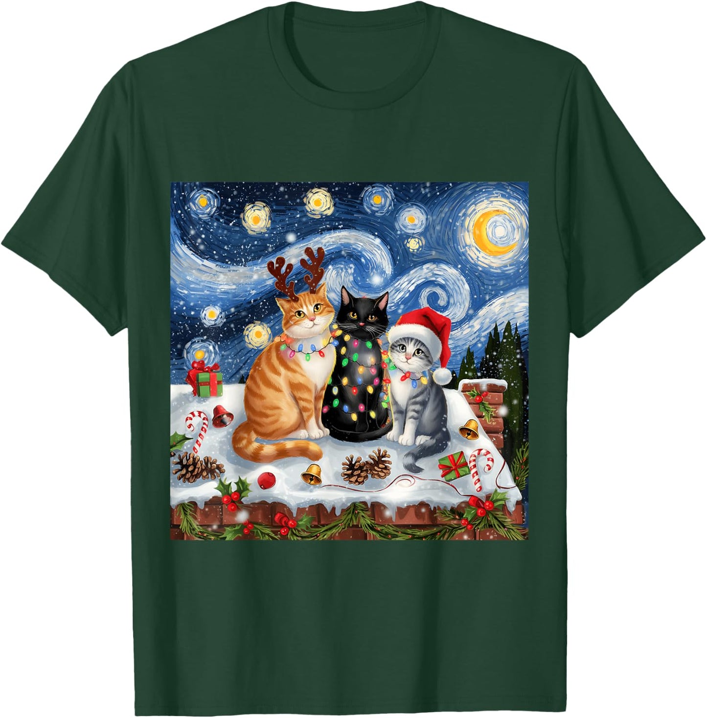 Christmas Van Gogh Starry Night Black Cat Santa Funny Xmas T-Shirt - T-Shirt | Forest