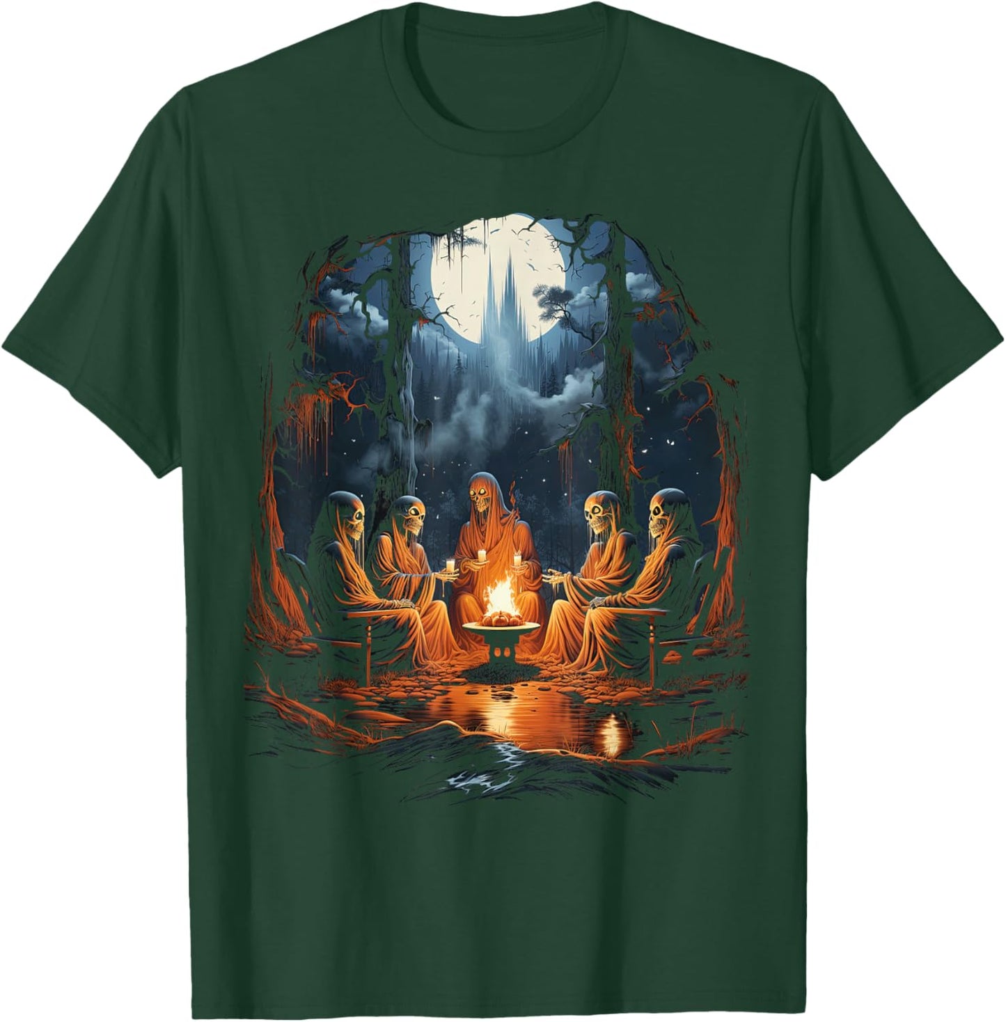 Vintage Ghost and Skeleton by Fire Camping Gothic Halloween T-Shirt - T-Shirt | Forest