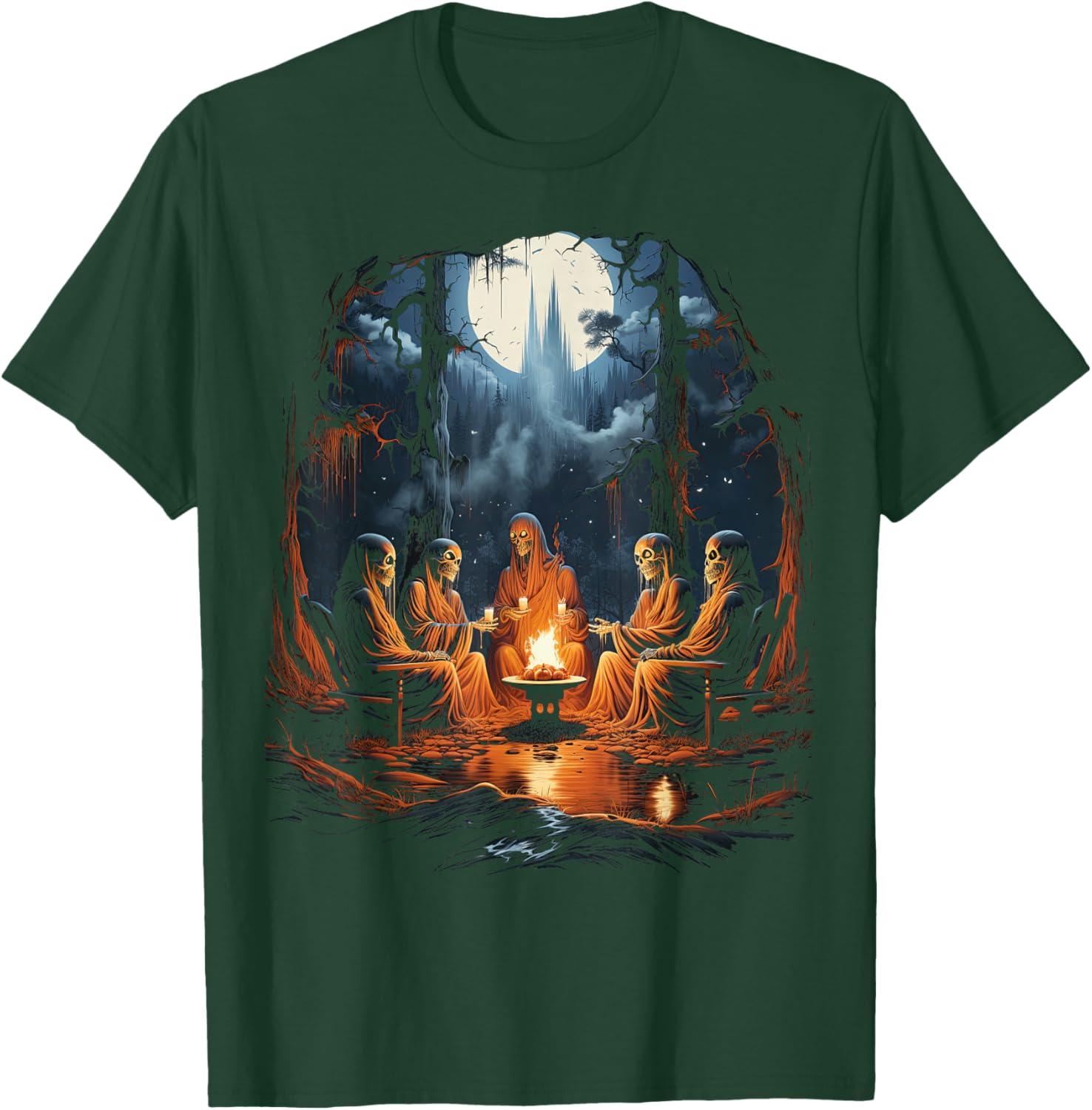 Vintage Ghost and Skeleton by Fire Camping Gothic Halloween T-Shirt - T-Shirt | Forest